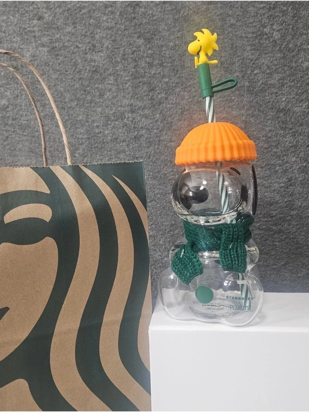 Starbucks Snoopy Drink Cup with Orange Hat and Green Scarf